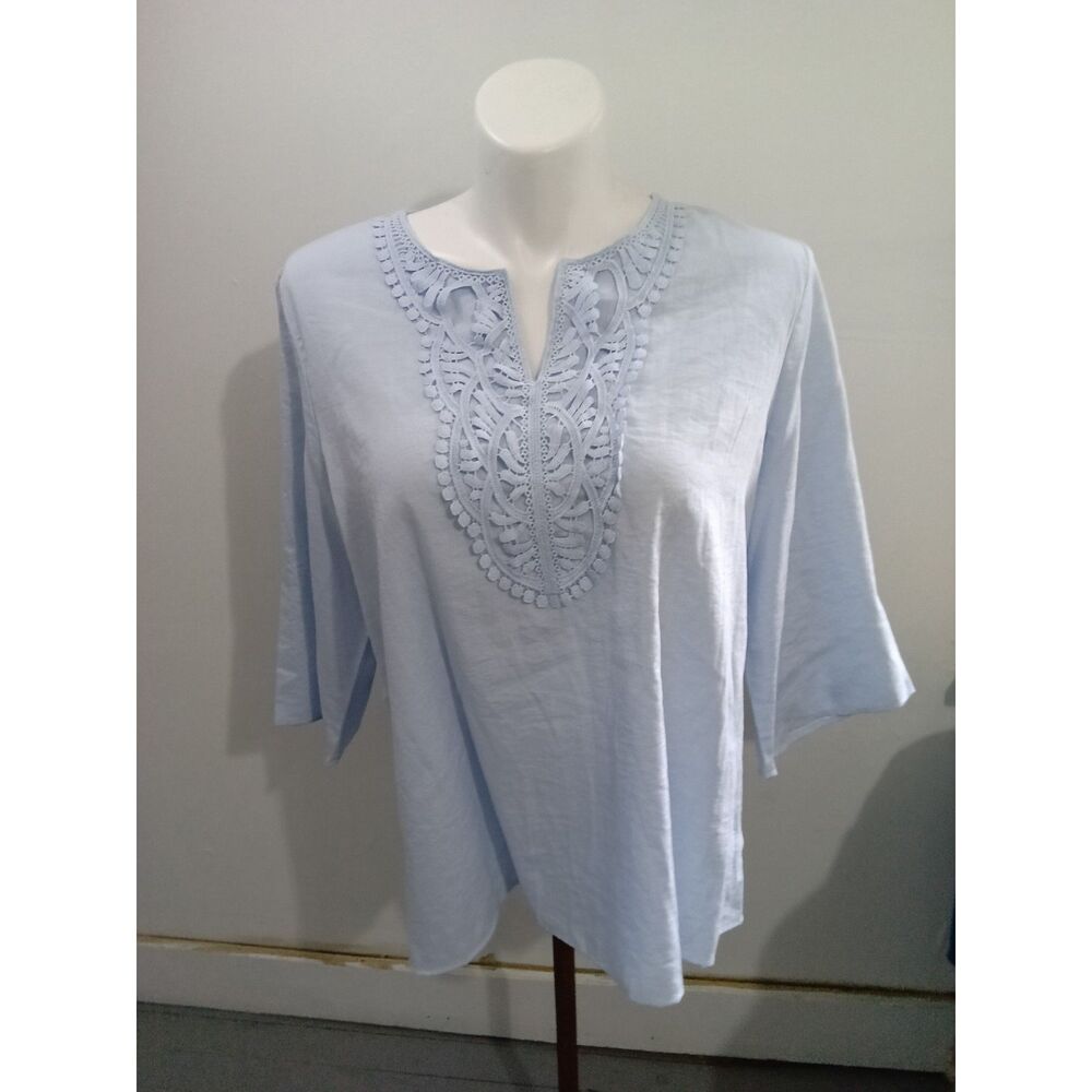 Evaless Women's Light Blue Crochet Bib Tunic Top 3/4 Sleeve Size 16